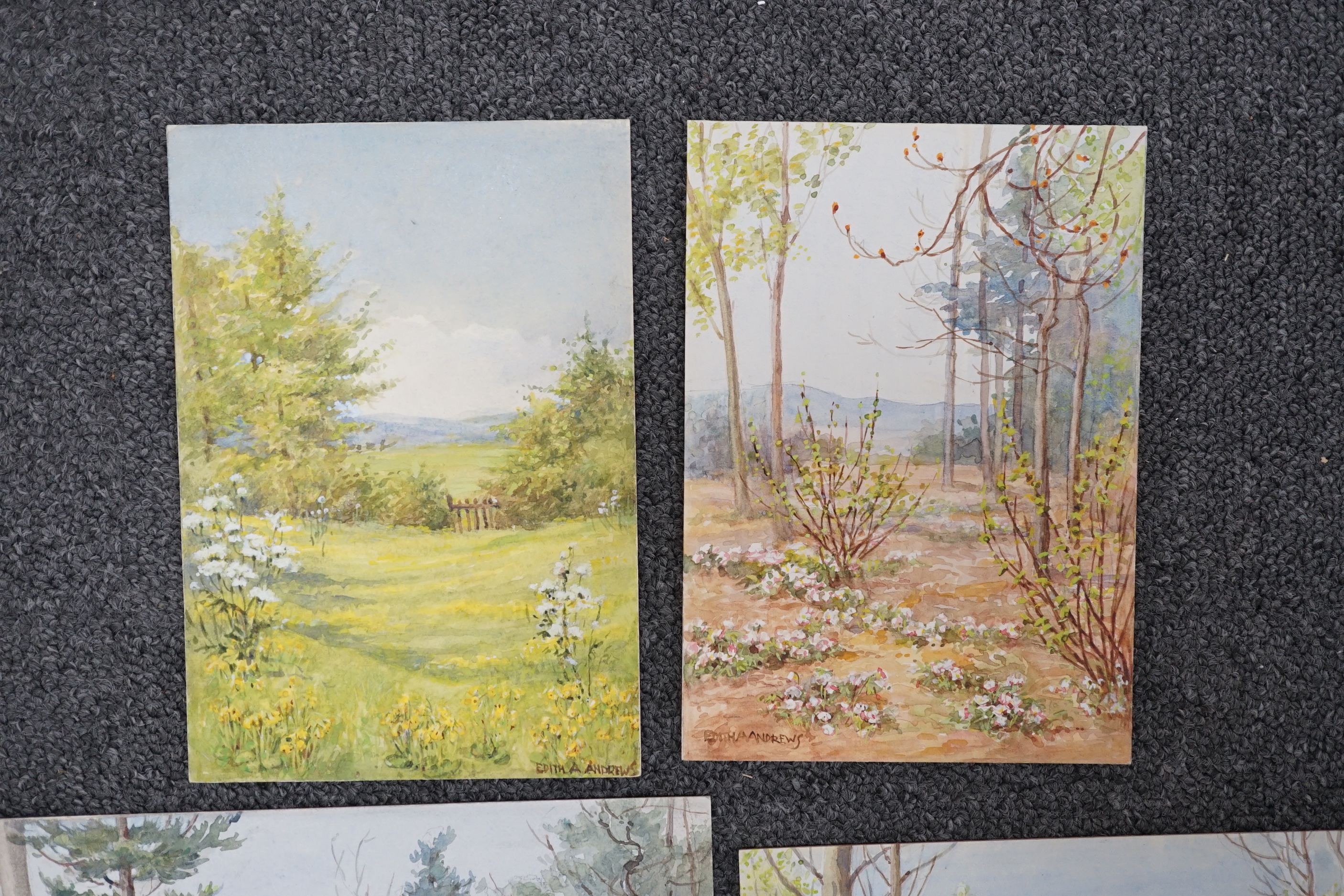 Edith Alice Andrews (Exh. 1900-1940), six watercolour designs for postcards, Country Scenes, signed, largest 16 x 22cm, unframed